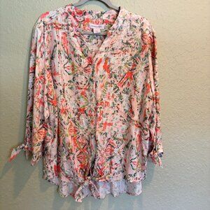 Allison Daley Womens VNeck Blouse 2XL Tie Front Cuffs 3/4 Sleeve IKAT Peach NWT